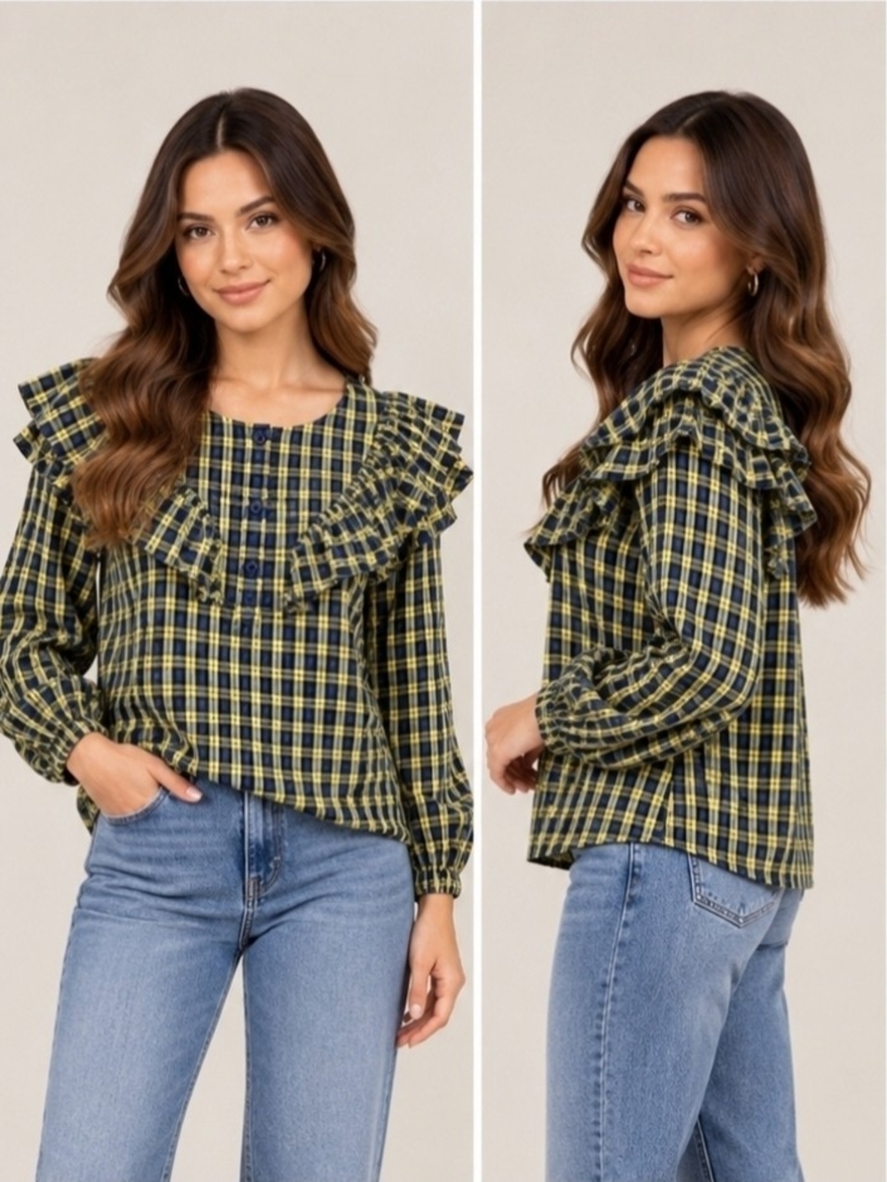 Sugarlips Olive and Black Plaid Ruffle Yoke Blouse